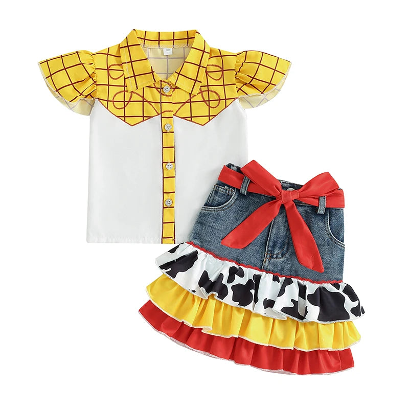 2024-05-11 Lioraitiin Girls Summer Outfits Plaid Print Fly Sleeve Shirts Cow Pattern Ruffles Patchwork Denim Skirt Headband  Set