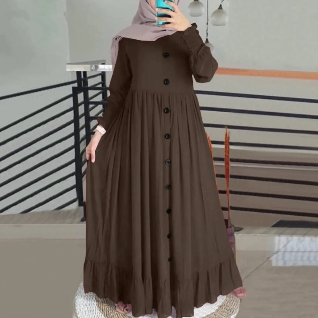 Women Muslim Dubai Abaya Turkey Hijab Dress Turkey Autumn Long Sleeve Buttons Down Sundress Islam Clothing Abayas Maxi Vestidos