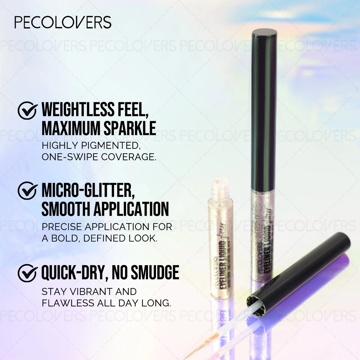 16-Shade Pearlescent Glitter Eyeliner - product tubes with applicator brush, feature highlights