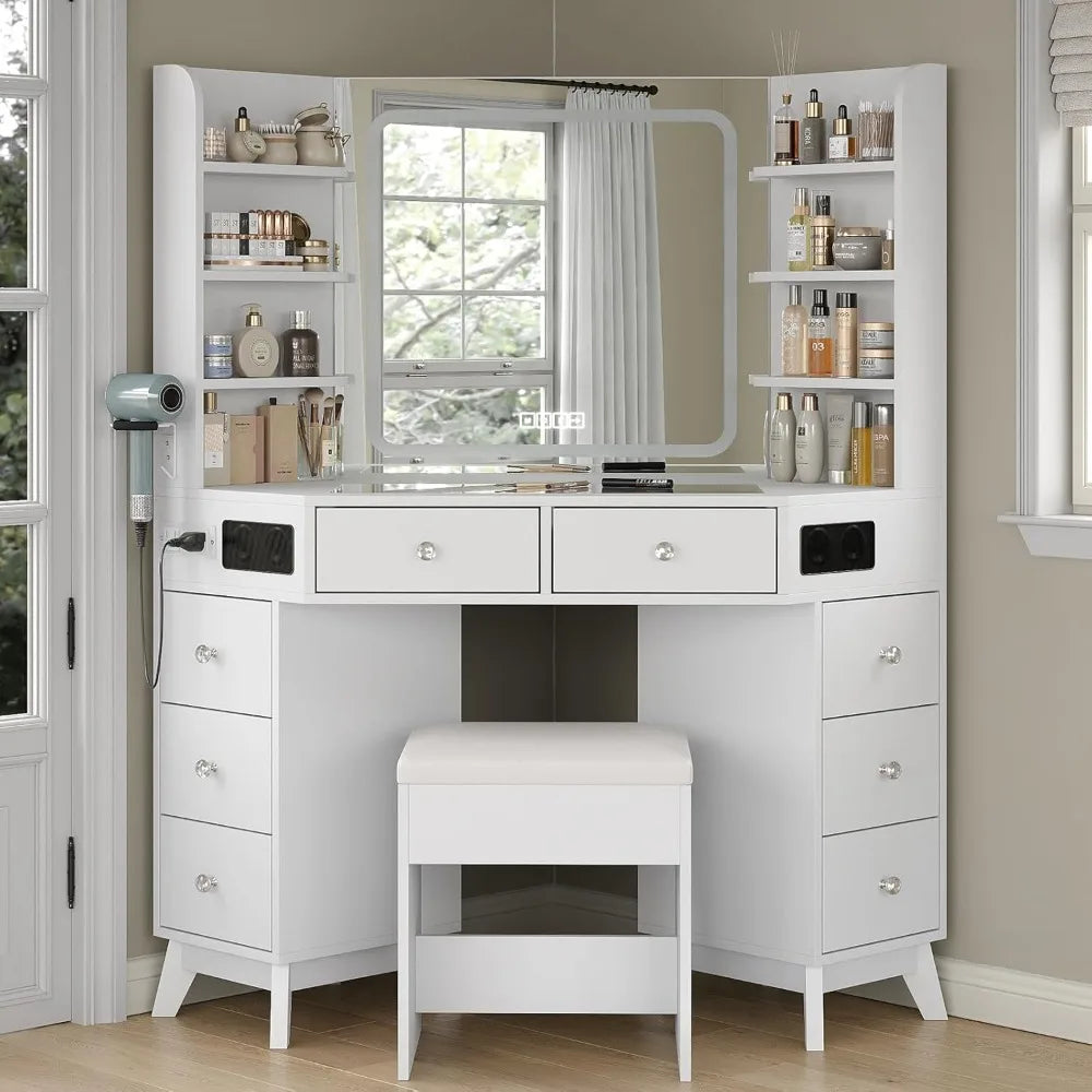 Corner Vanity Desk with Bluetooth Speaker, 8 Drawers & 6 Shelves, Modern Vanity with Mirror and Lights, Makeup Vanity with Glass