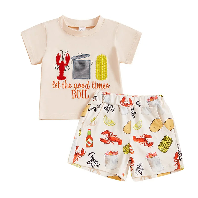 2024-12-10 Lioraitiin Kids Boys Summer Outfit Short Sleeve Crew Neck Embroidery T-shirt with Lobster Print Shorts Clothing Set