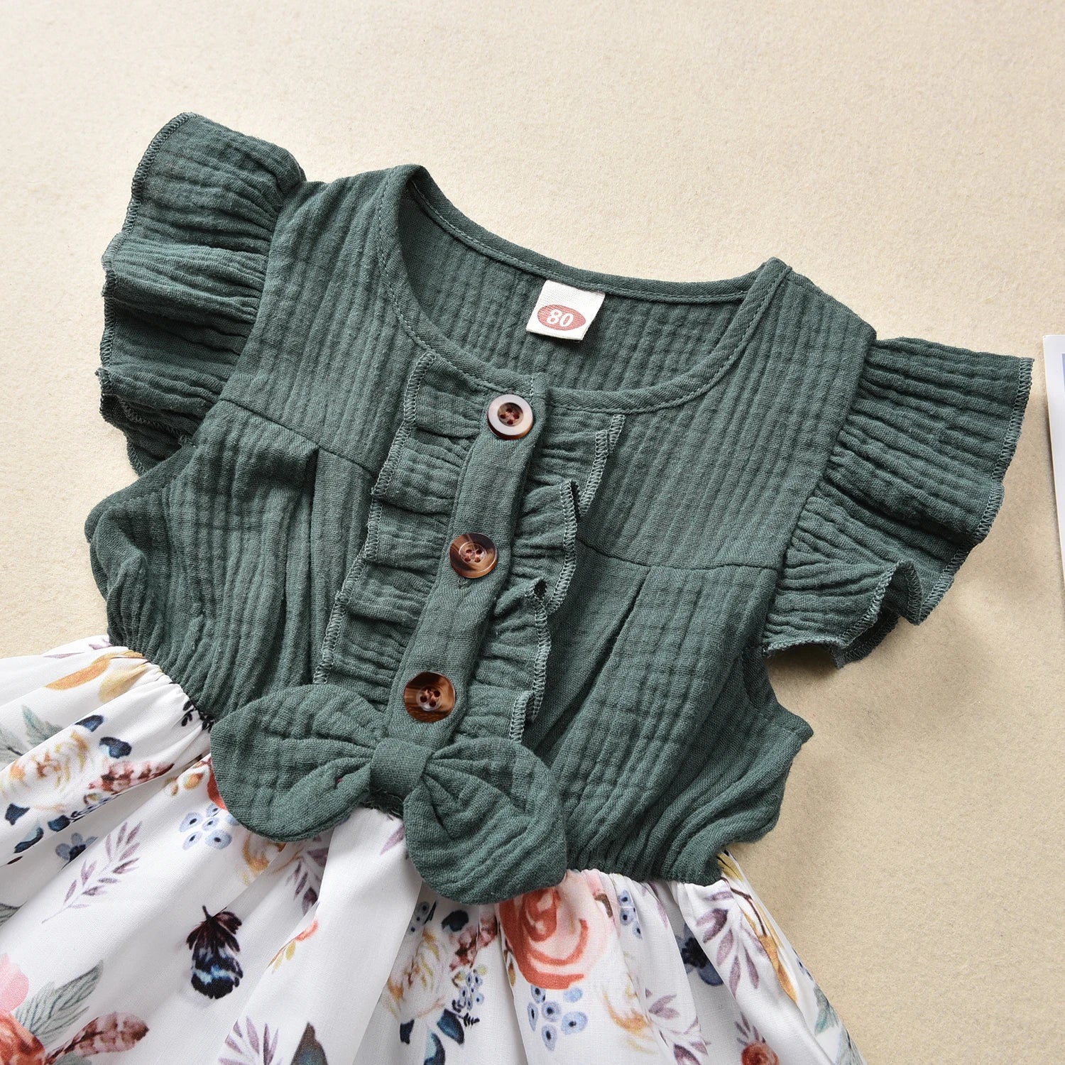 Citgeett Summer 1-5Years Baby Girls Dress Bowknot Flowers Print Ruffles Sleeve Knee Patchwork Length A-Line Dress
