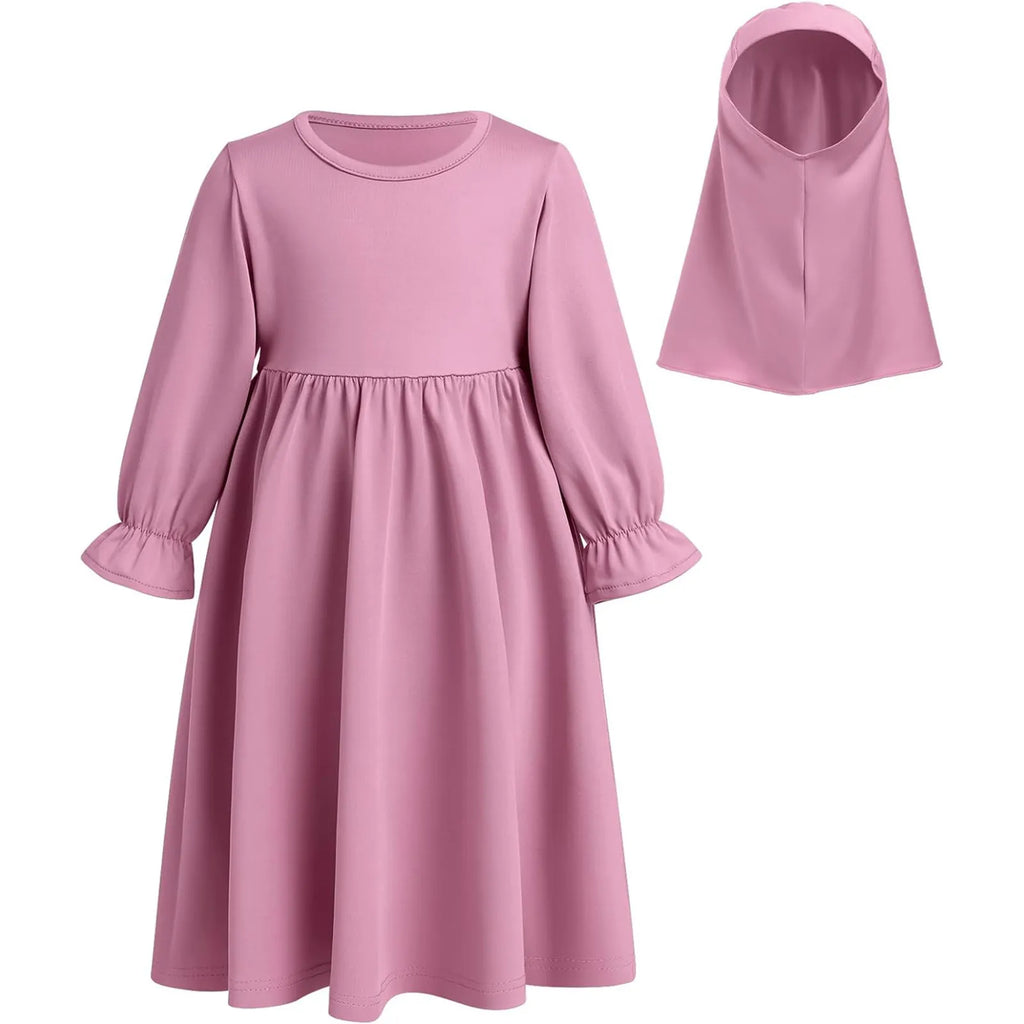 Baby Girl Auntie Outfits Muslim Abaya And Headscarf Set For Girls Pure Color Robe With Hijab Clothes for Girls 2t