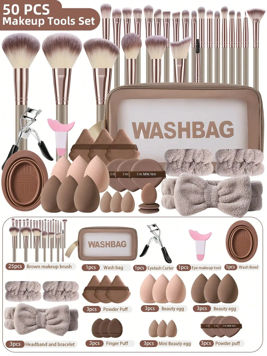 50PCS Makeup Tools:1PC cosmetic bag+25PCS Makeup brush set+9PCS Makeup Sponges+9PCS Powder Puffs+6PCS Makeup Tools