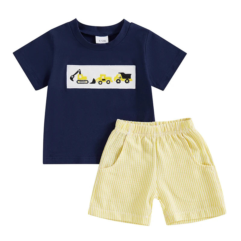 2024-12-10 Lioraitiin Toddler Baby Boy Shorts Set Tractor Embroidery Short Sleeve T-shirt Striped Shorts 2Pcs Summer Outfit