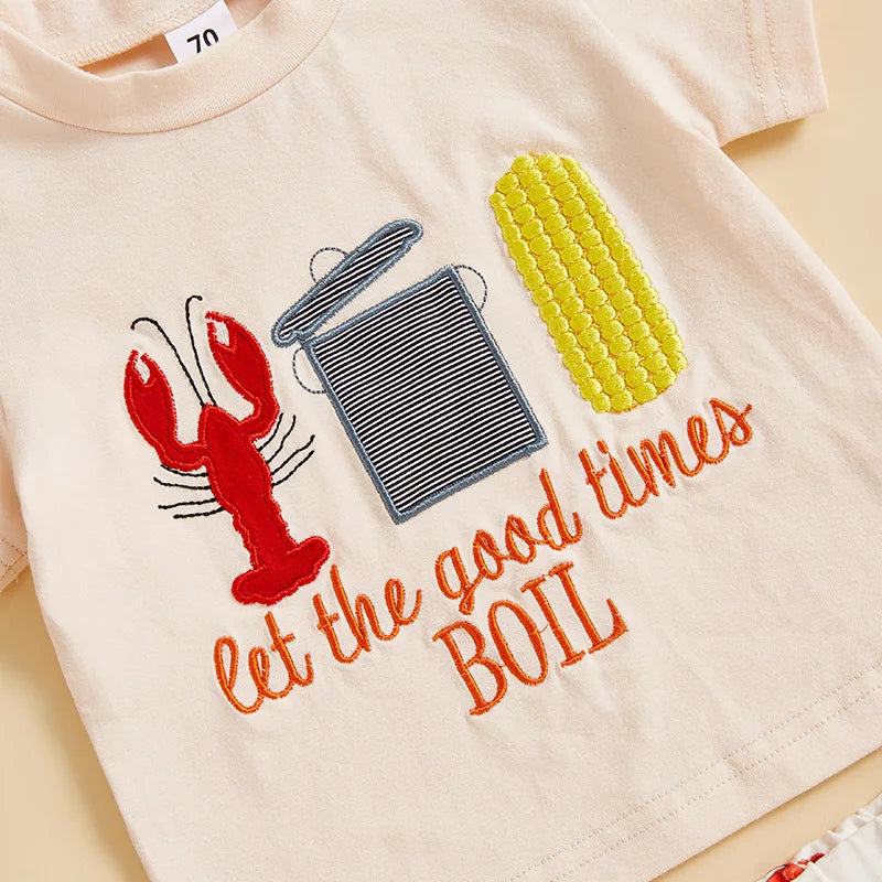 2024-12-10 Lioraitiin Kids Boys Summer Outfit Short Sleeve Crew Neck Embroidery T-shirt with Lobster Print Shorts Clothing Set