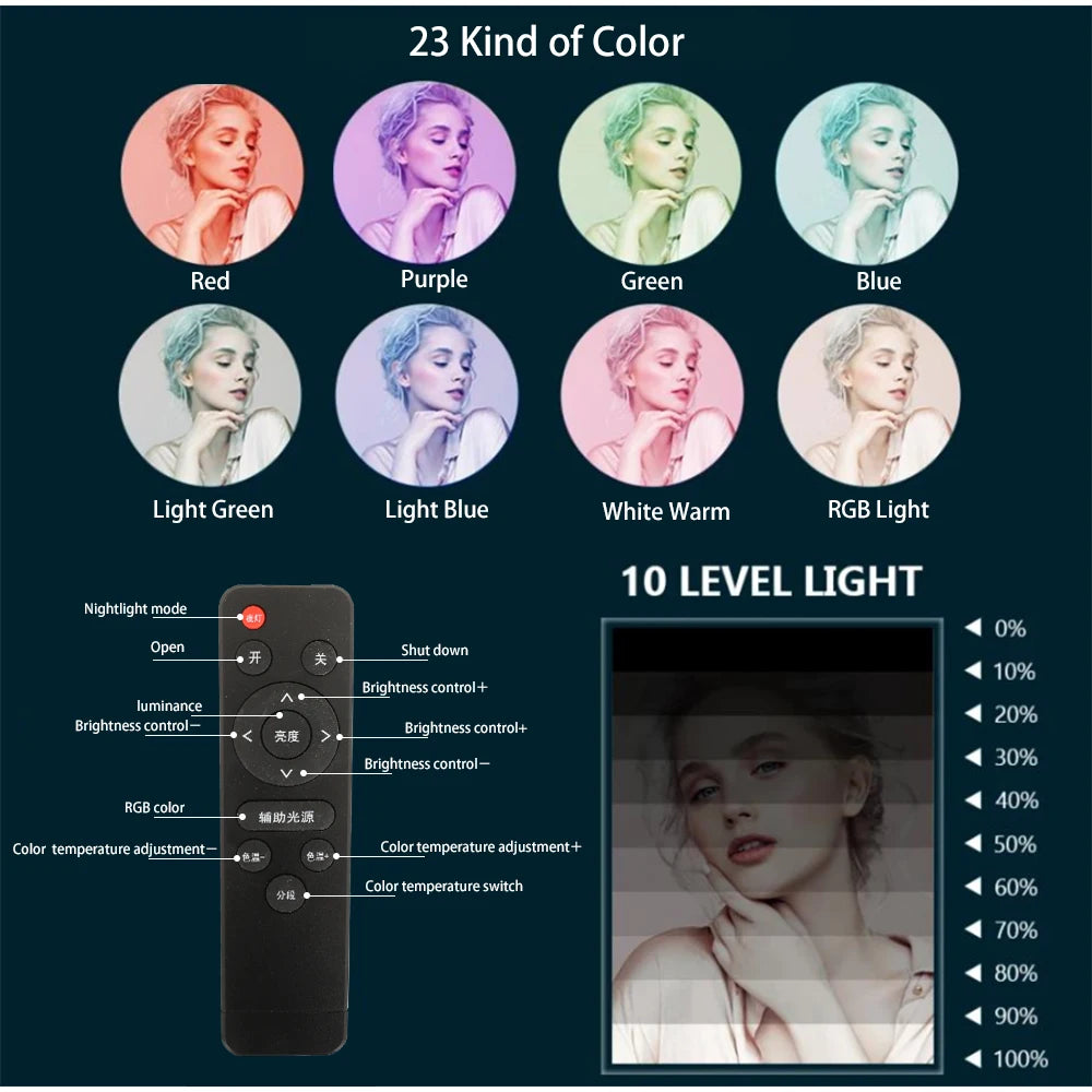 Dimmable Selfie Ring Lamp 18 Inch RGB Ring Light Photography With Tripod Phone Clip For Live Make Up Youtube Photography Studio