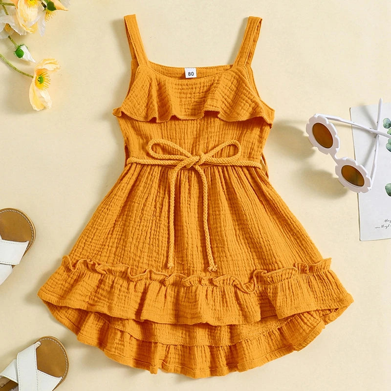 2024-05-07 Lioraitiin Baby Girl Summer Dress Casual Sleeveless Square Neck Belted Dress Toddler A-Line Dress