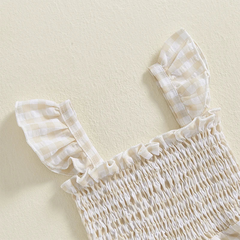 2025-01-06 Lioraitiin Baby Girl Rompers Ruffle Sleeveless Plaid Print Smocked Jumpsuit Suspender Pants Summer Outfit