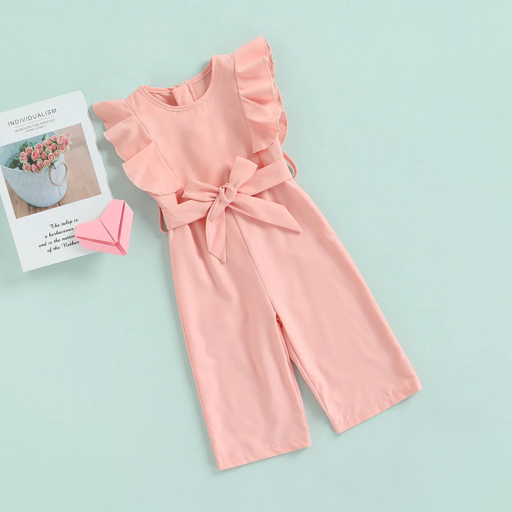 2022-02-12 Lioraitiin 1-6Years Toddler Baby Girl Summer Romper Off Shoulder Solid Pink O-Neck Jumpsuit Casual Clothing