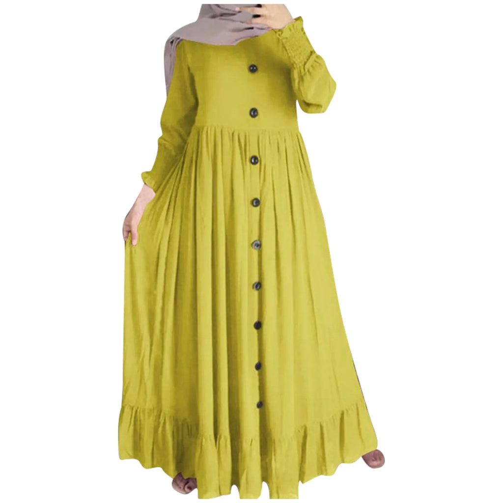 Women Muslim Dubai Abaya Turkey Hijab Dress Turkey Autumn Long Sleeve Buttons Down Sundress Islam Clothing Abayas Maxi Vestidos
