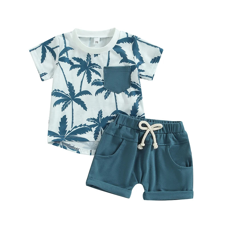 2023-04-21 Lioraitiin 0-3Years Toddler Baby Boy 2Pcs Summer Clothes Beach Tree Print Short Sleeve Crew Neck T-Shirts Shorts