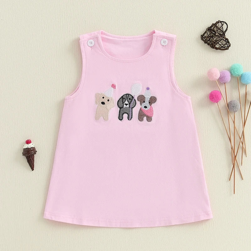 2025-04-01 Lioraitiin Toddler Baby Girl Birthday Dress Dog Embroidered Round Neck Sleeveless Tank Dress Cute Summer Clothes