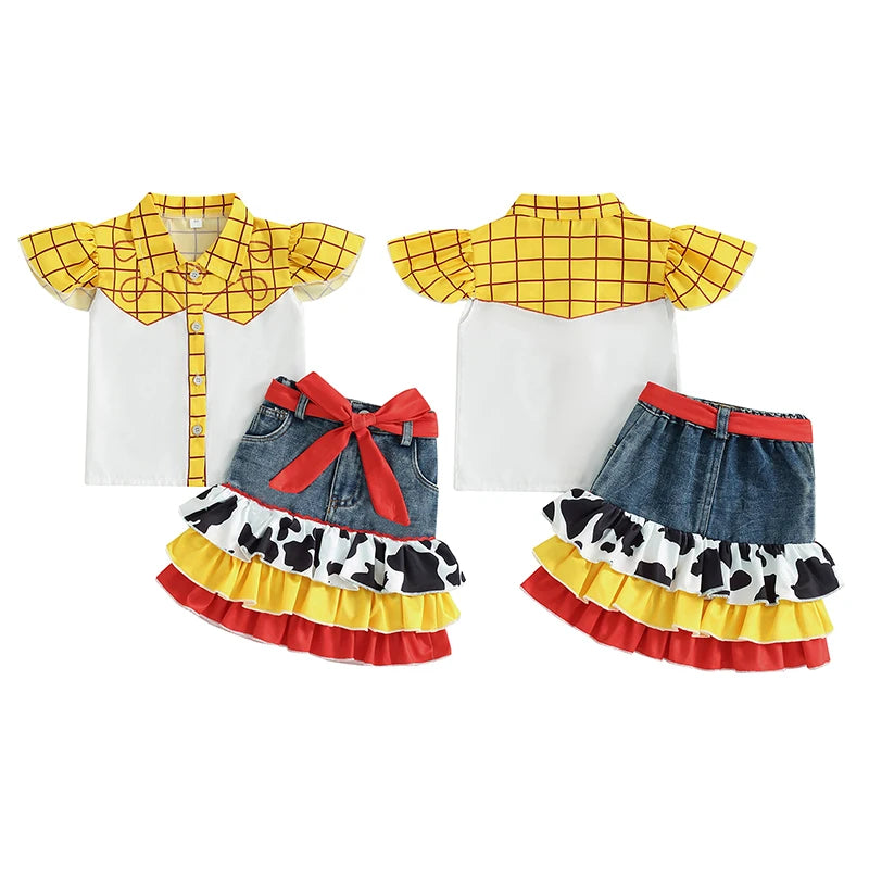 2024-05-11 Lioraitiin Girls Summer Outfits Plaid Print Fly Sleeve Shirts Cow Pattern Ruffles Patchwork Denim Skirt Headband  Set