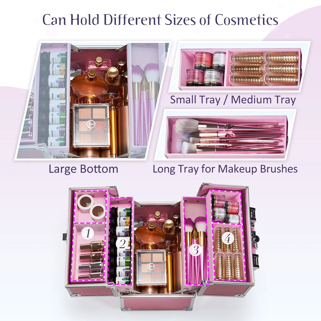 Makeup Train Case Cosmetic Organizer Case Portable Travel Storage Box 4 trays with Dividers Lockable Make Up Case Makeup Case
