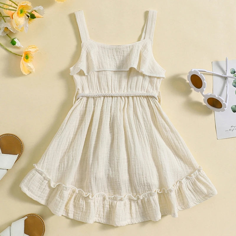 2024-05-07 Lioraitiin Baby Girl Summer Dress Casual Sleeveless Square Neck Belted Dress Toddler A-Line Dress