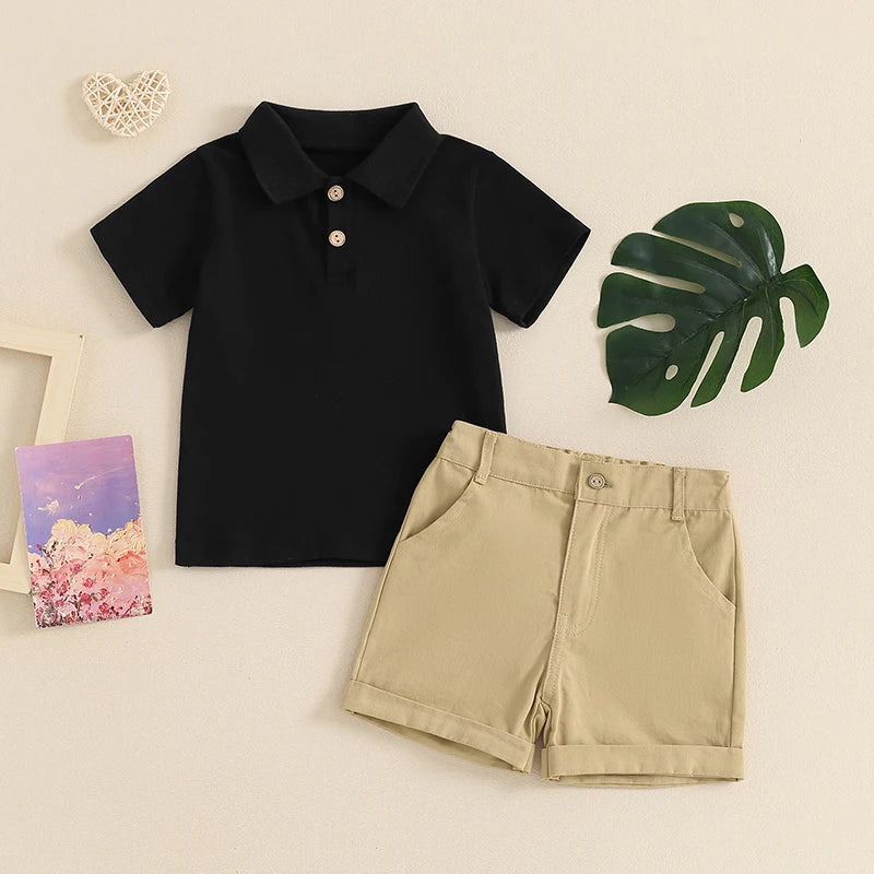 2024-03-20 Lioraitiin 1-5Y Summer Kid Boys Shorts Sets Short Sleeve Button Up Shirt Tops and Solid Color Shorts Sets 2PCS