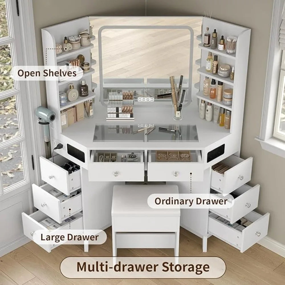 Corner Vanity Desk with Bluetooth Speaker, 8 Drawers & 6 Shelves, Modern Vanity with Mirror and Lights, Makeup Vanity with Glass