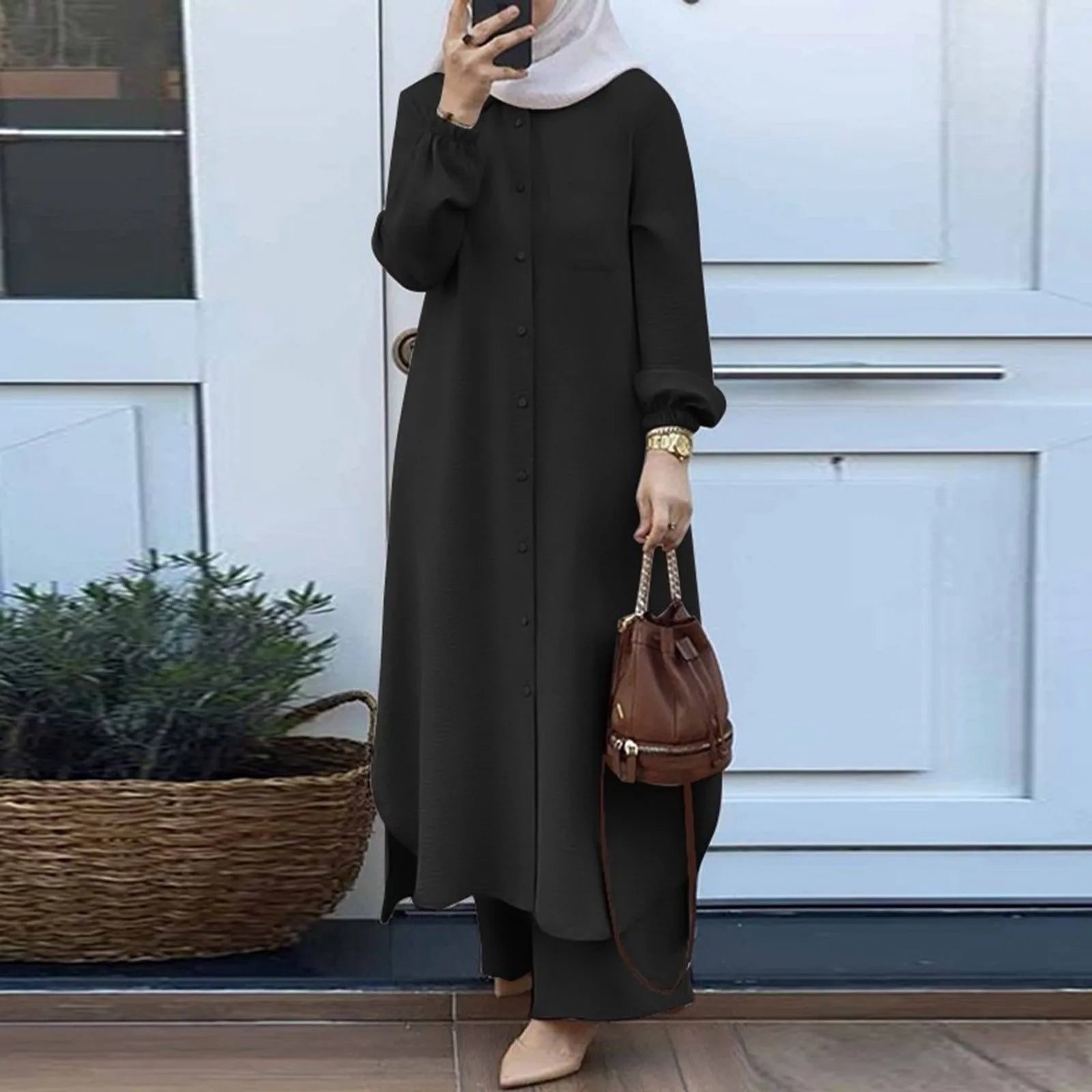 Muslim Sets Turkey Dubai Abaya Women Long Sleeve Buttons Up Shirt Set Causal Pants Suits Abayas For Women IsIamic Outifits