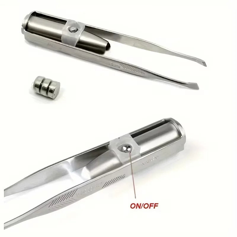 LED Light Precision Eyebrow Tweezer - disassembled view showing ON/OFF button