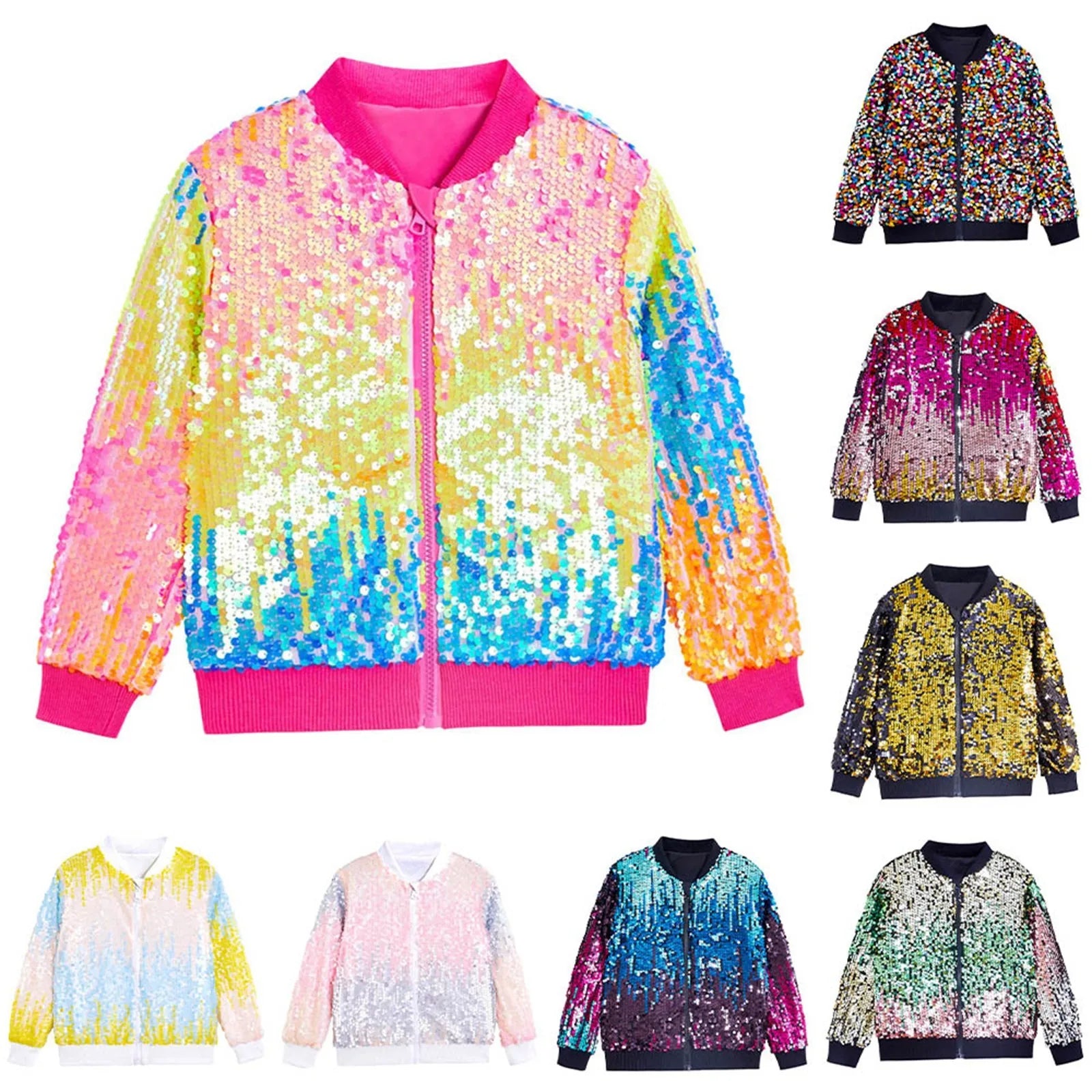 Girls Carnival Jacket Kids Toddler Glitter Shiny Zip Up Long Sleeve Coat Outwear Fashion Cool Party Overcoat Girls Clothes