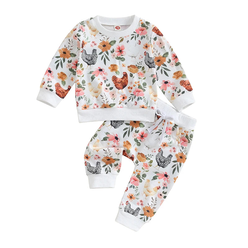 Citgeett Autumn Toddler Baby Girl Fall Clothes Set Flower Print Long Sleeve Tops Elastic Waist Pants Outfit Clothes
