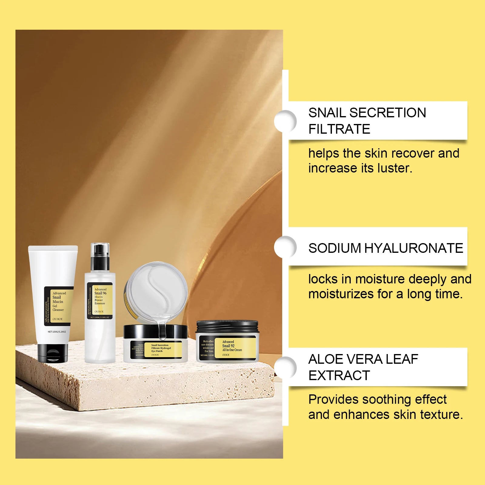 Snail Mucin Skincare Set-Complete 4-Step Glow Routine,Natural Snail Mucin Power&Hydration Barrier,Hydrogel Eye Mask Relief,Gift Packaging