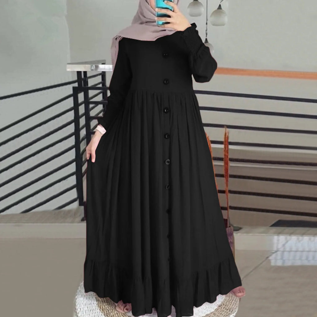 Women Muslim Dubai Abaya Turkey Hijab Dress Turkey Autumn Long Sleeve Buttons Down Sundress Islam Clothing Abayas Maxi Vestidos