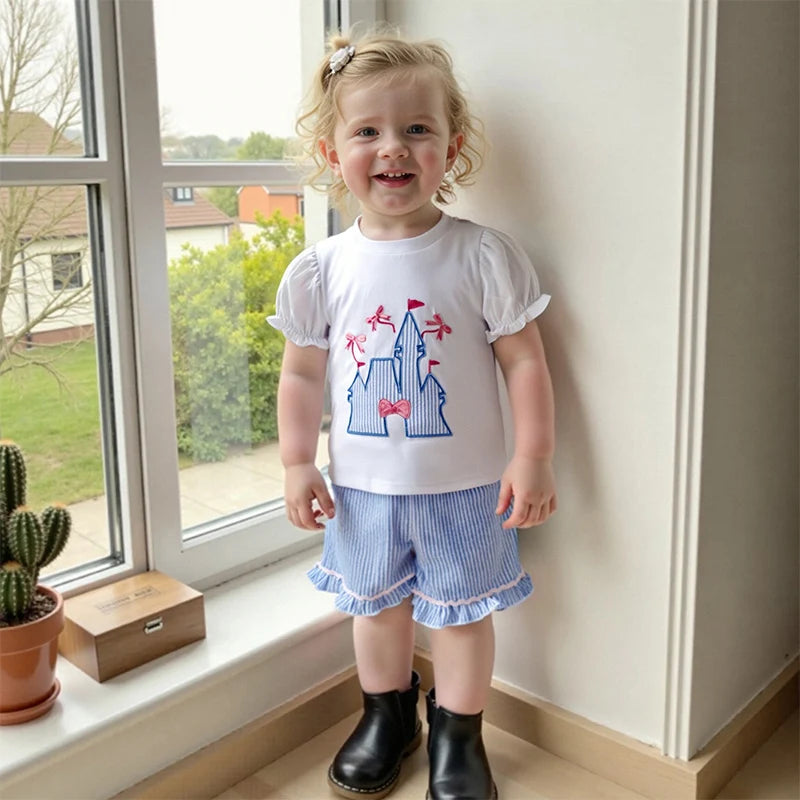 2025-04-06 Lioraitiin Toddler Girls Summer Outfit Bow Embroidery Short Sleeves T-Shirt and Elastic Striped Shorts Set Clothes