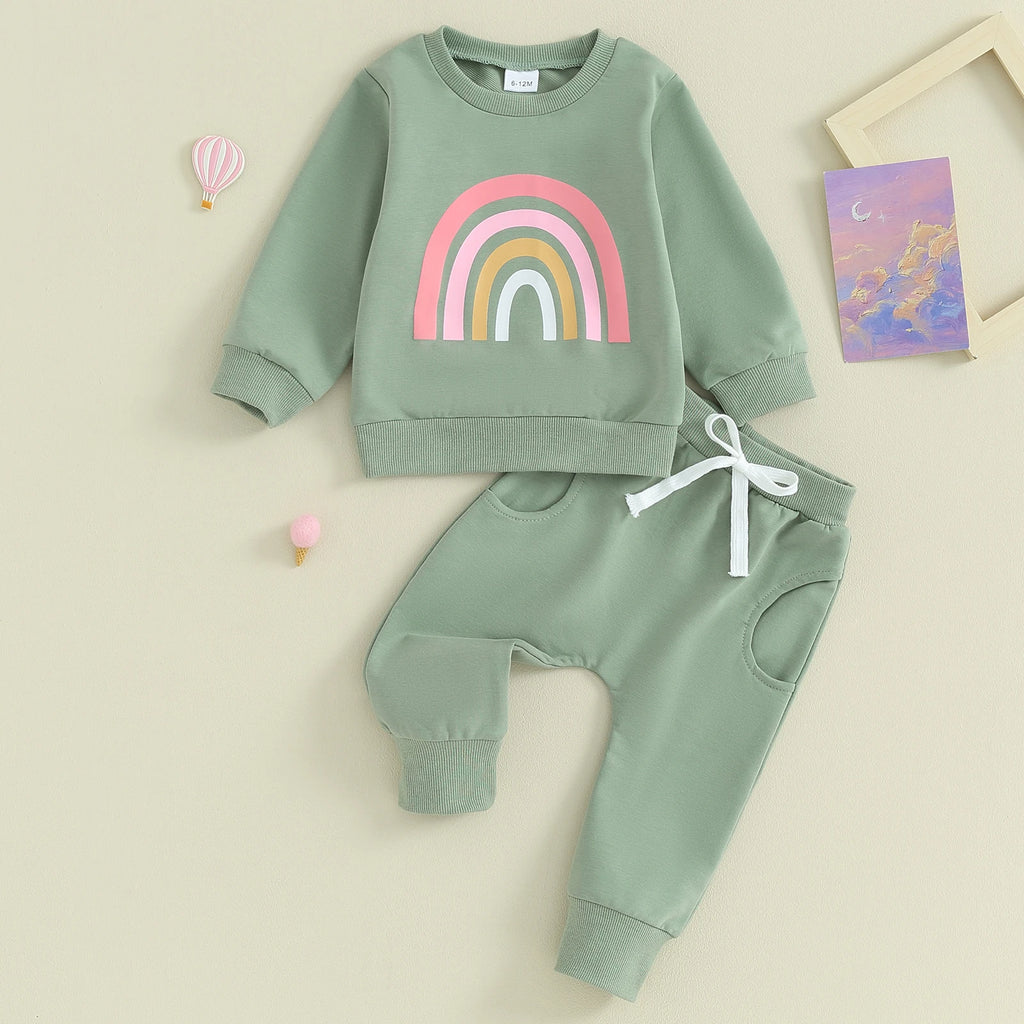 Citgeett Spring Toddler Baby Girls Fall Outfits Long Sleeve Rainbow Print Sweatshirt + Pants Clothes Autumn Set
