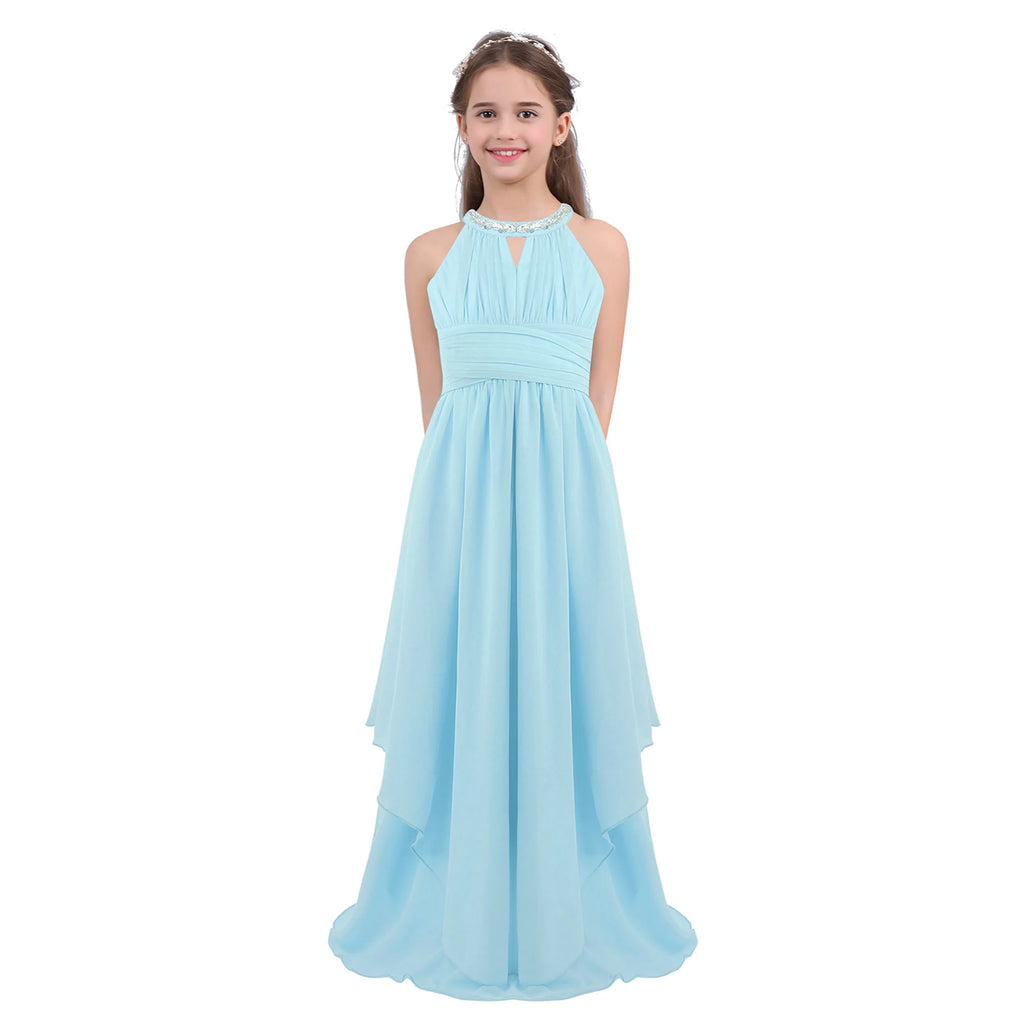 Chiffon Flower Girls Dress Floor-Length Sleeveless Wedding Party Dress Sequined Halter Flower Girl Dress Princess Pageant Dress