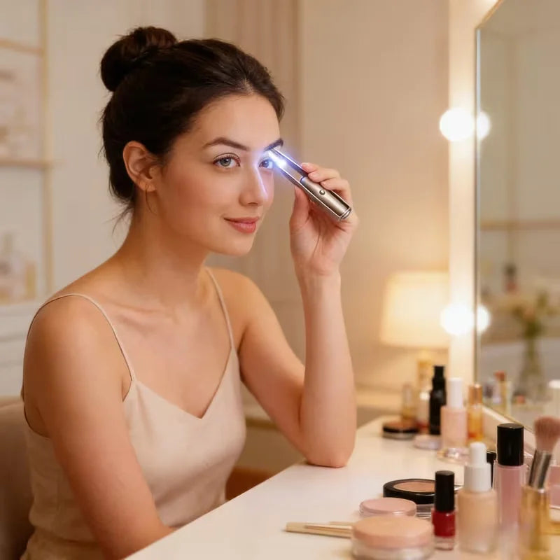 LED Light Precision Eyebrow Tweezer - lifestyle shot, being used at a vanity mirror
