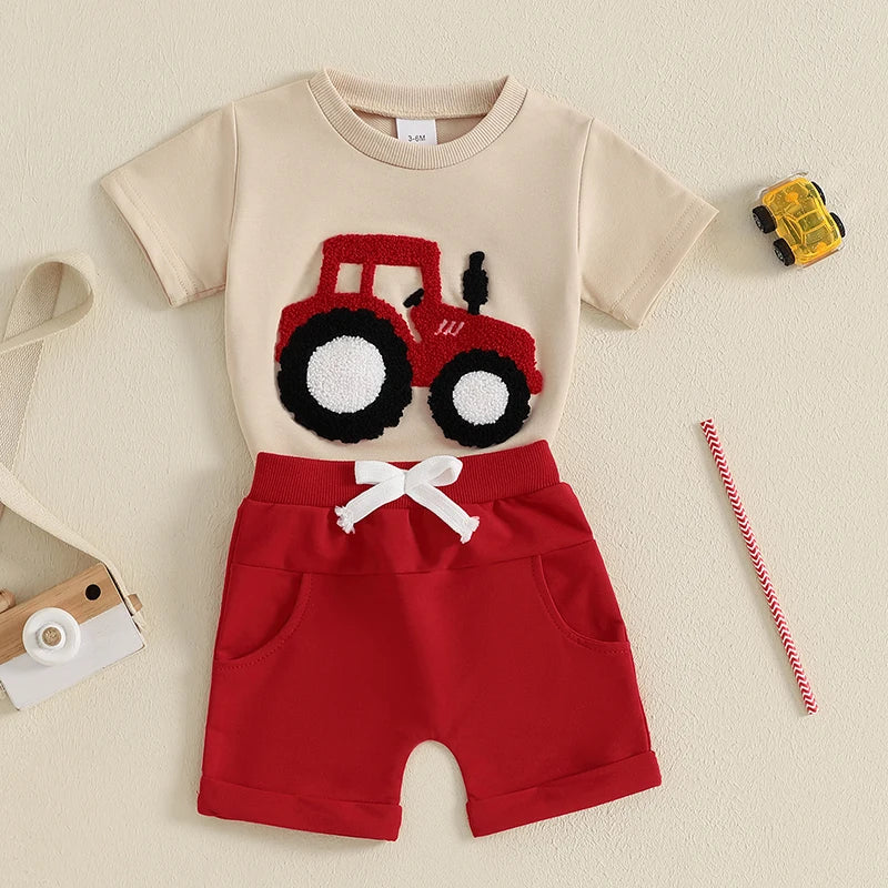 2024-11-21 Lioraitiin Toddler Boys Summer Outfit Truck Embroidered O-Neck Short Sleeve T-Shirts Elastic Waist Shorts Clothes Set