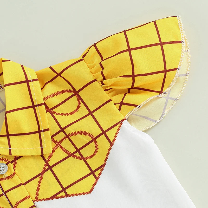 2024-05-11 Lioraitiin Girls Summer Outfits Plaid Print Fly Sleeve Shirts Cow Pattern Ruffles Patchwork Denim Skirt Headband  Set