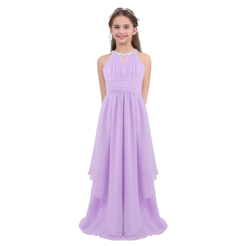 Chiffon Flower Girls Dress Floor-Length Sleeveless Wedding Party Dress Sequined Halter Flower Girl Dress Princess Pageant Dress