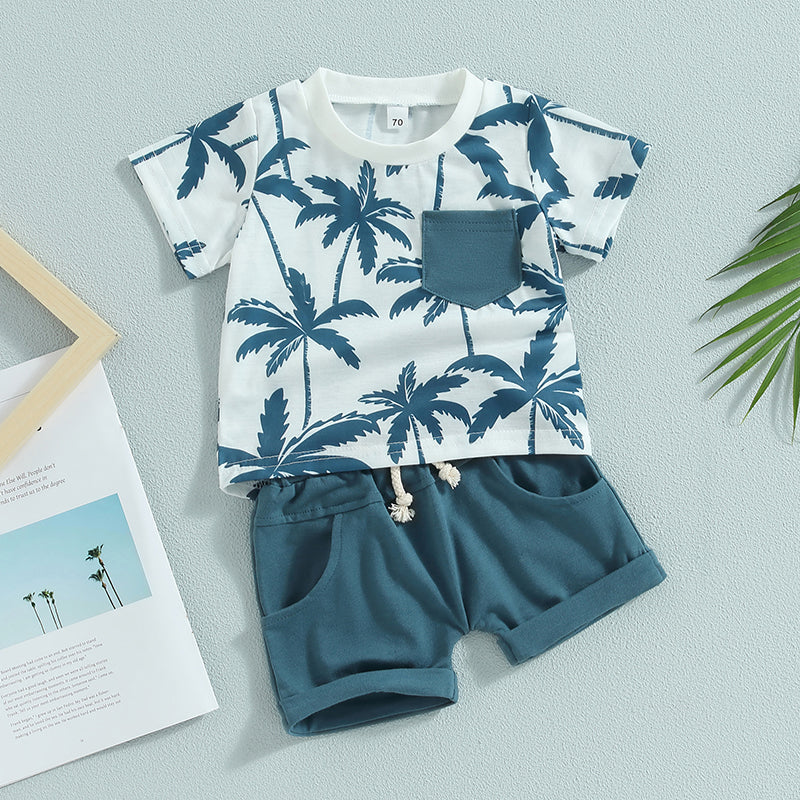 2023-04-21 Lioraitiin 0-3Years Toddler Baby Boy 2Pcs Summer Clothes Beach Tree Print Short Sleeve Crew Neck T-Shirts Shorts