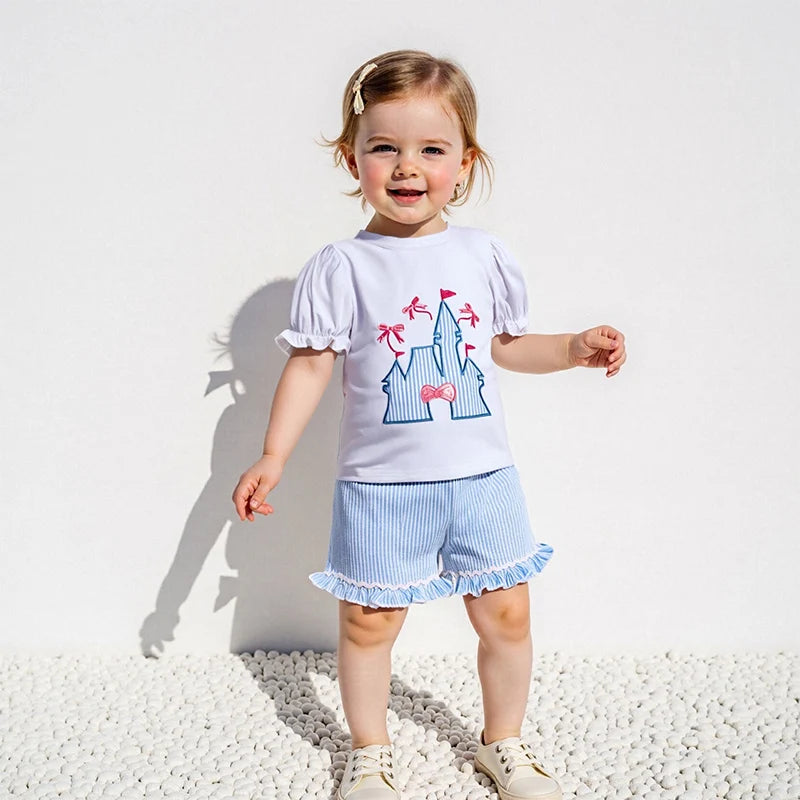 2025-04-06 Lioraitiin Toddler Girls Summer Outfit Bow Embroidery Short Sleeves T-Shirt and Elastic Striped Shorts Set Clothes