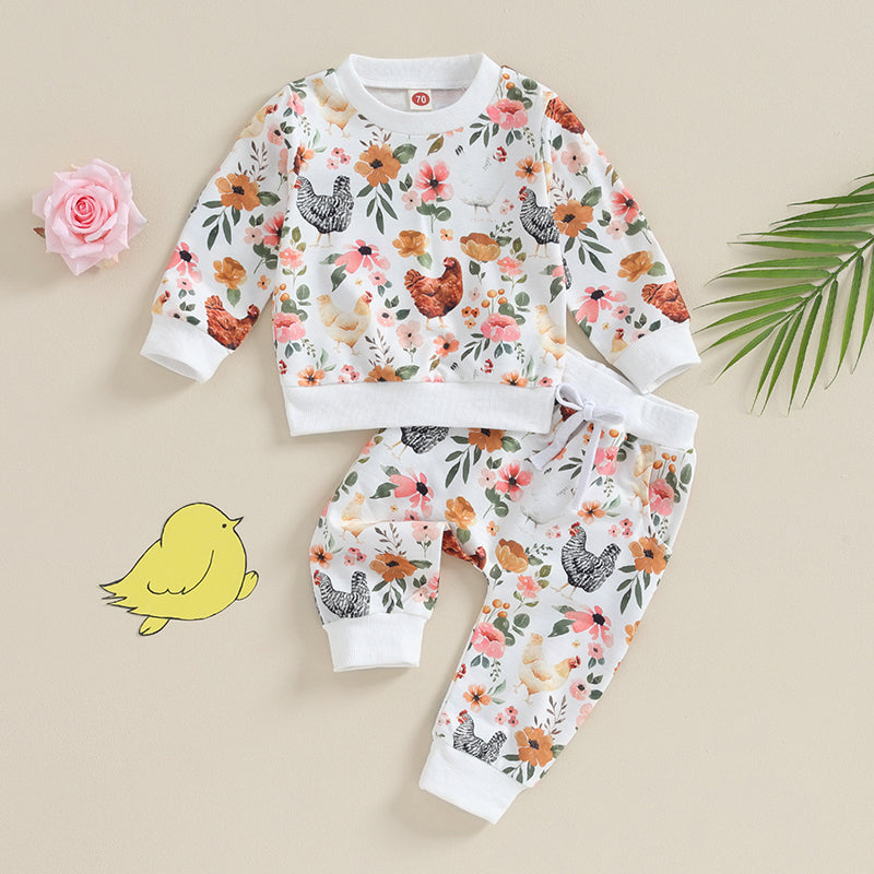 Citgeett Autumn Toddler Baby Girl Fall Clothes Set Flower Print Long Sleeve Tops Elastic Waist Pants Outfit Clothes