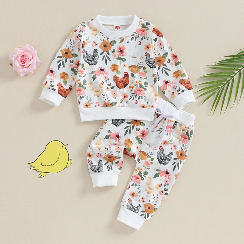 Citgeett Autumn Toddler Baby Girl Fall Clothes Set Flower Print Long Sleeve Tops Elastic Waist Pants Outfit Clothes