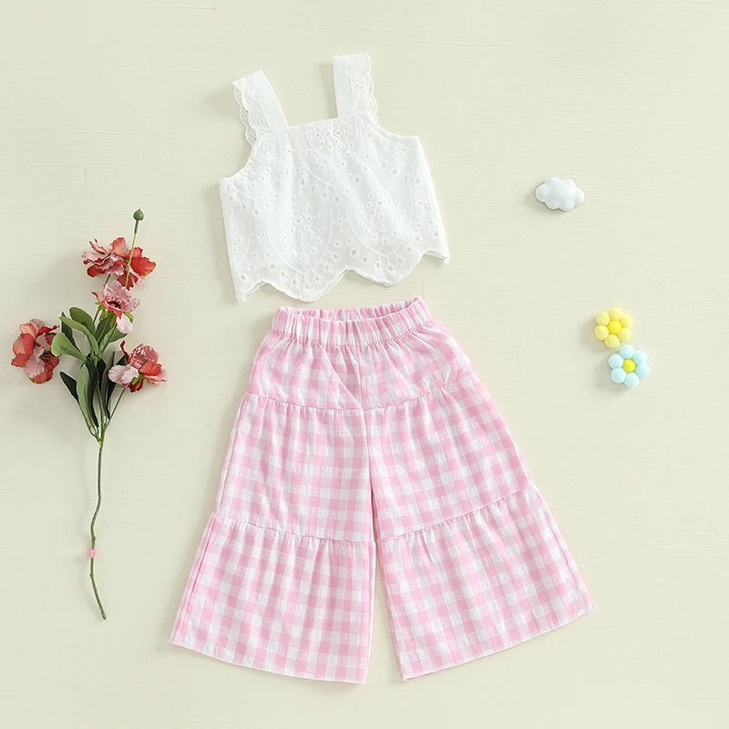 2024-12-02 Lioraitiin Toddler Girl Summer Clothes Eyelet Embroidery Cami Tops+Elastic Waist Plaid Print Wide Leg Pants 2Pcs Set