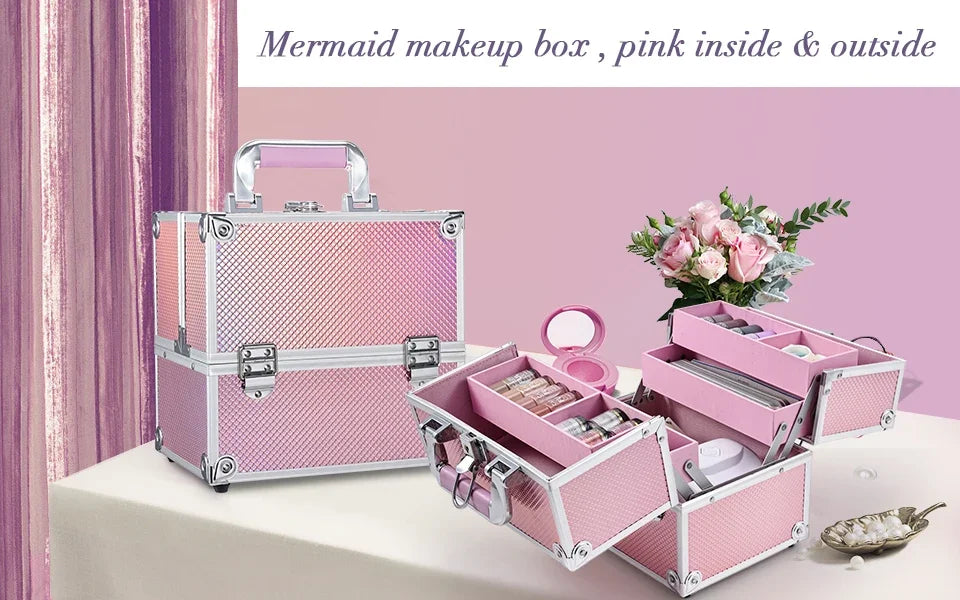 Makeup Train Case Cosmetic Organizer Case Portable Travel Storage Box 4 trays with Dividers Lockable Make Up Case Makeup Case