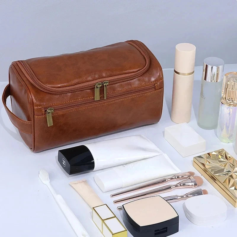Hanging Leather Travel Toiletry Bag with makeup essentials