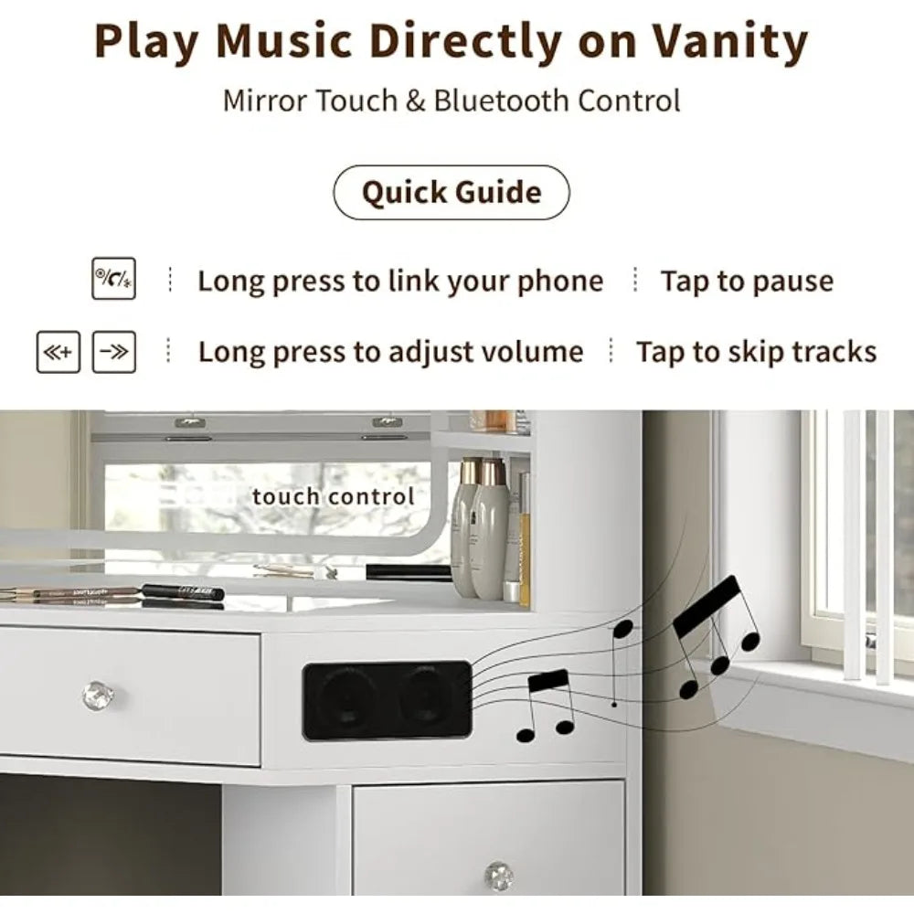 Corner Vanity Desk with Bluetooth Speaker, 8 Drawers & 6 Shelves, Modern Vanity with Mirror and Lights, Makeup Vanity with Glass