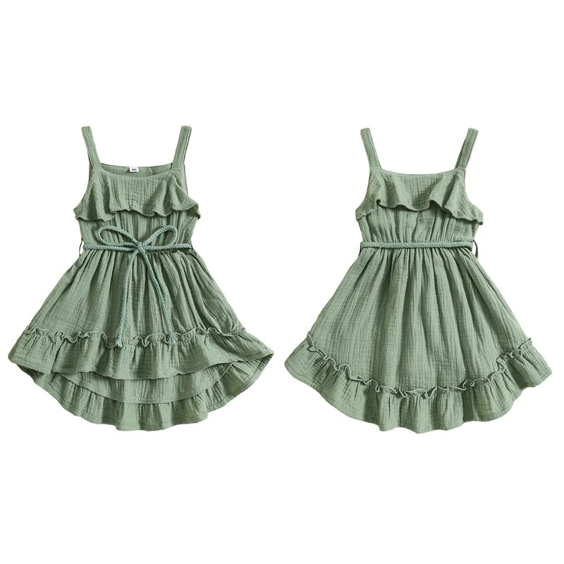 2024-05-07 Lioraitiin Baby Girl Summer Dress Casual Sleeveless Square Neck Belted Dress Toddler A-Line Dress
