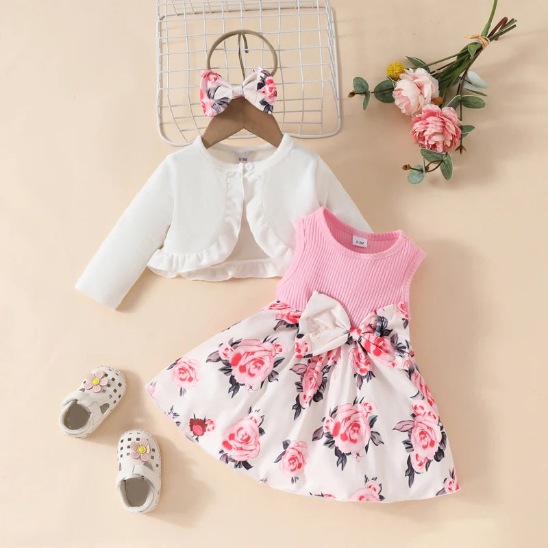 2024-05-27 Lioraitiin Toddler Girls Outfits Floral A-Line Sleeveless Dress Long Sleeves Jacket and Headband for Summer Clothes