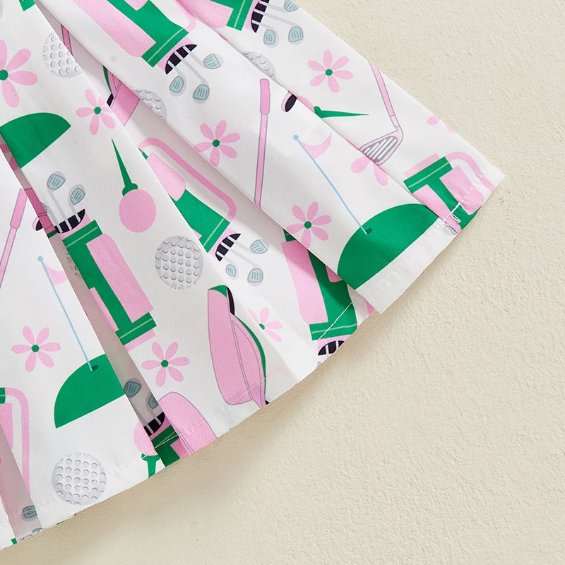 Kids Girl Outfit Lapel Sleeveless Tank Tops and Golf Print Pleated A-Line Skirt Set for Toddler Summer Clothes