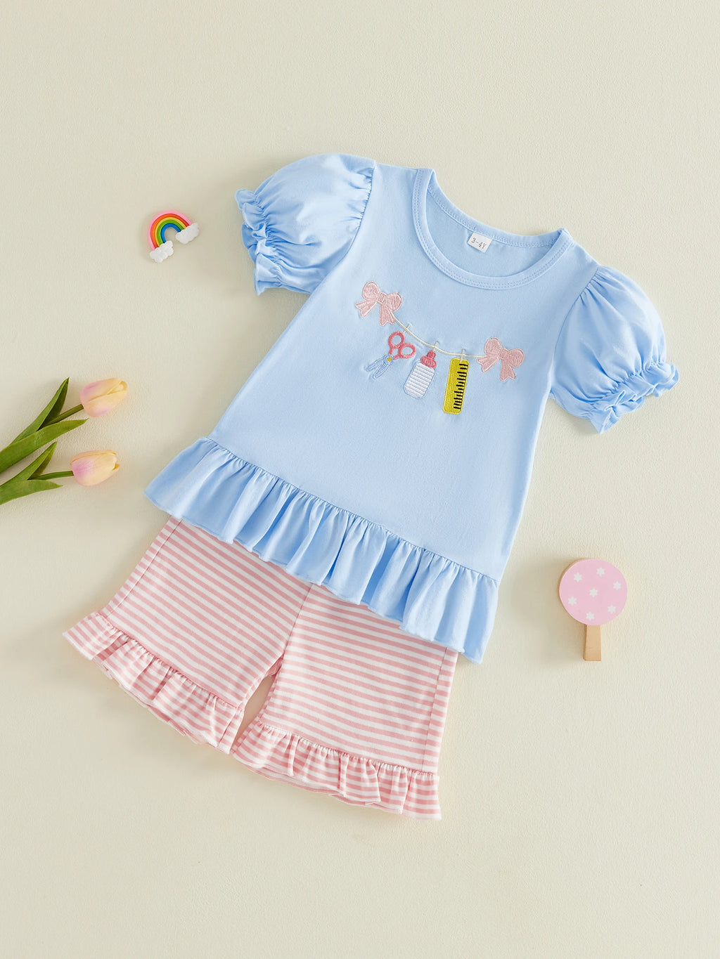 Girl s Back to School Outfit Cute Ruler Bow Embroidered Short Sleeve Ruffle T-Shirt with Matching Striped Shorts - 2 Piece