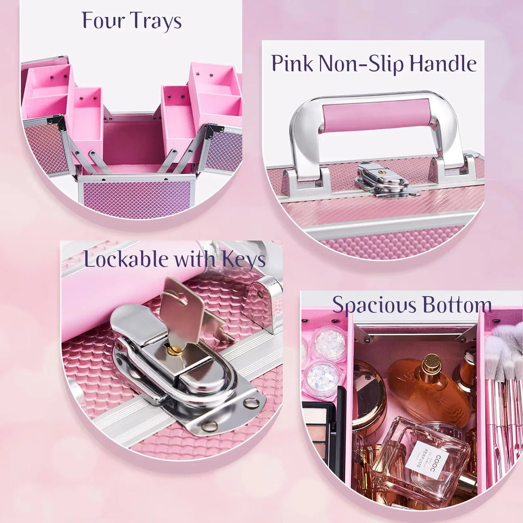 Makeup Train Case Cosmetic Organizer Case Portable Travel Storage Box 4 trays with Dividers Lockable Make Up Case Makeup Case