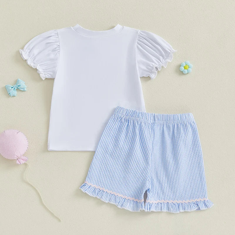 2025-04-06 Lioraitiin Toddler Girls Summer Outfit Bow Embroidery Short Sleeves T-Shirt and Elastic Striped Shorts Set Clothes