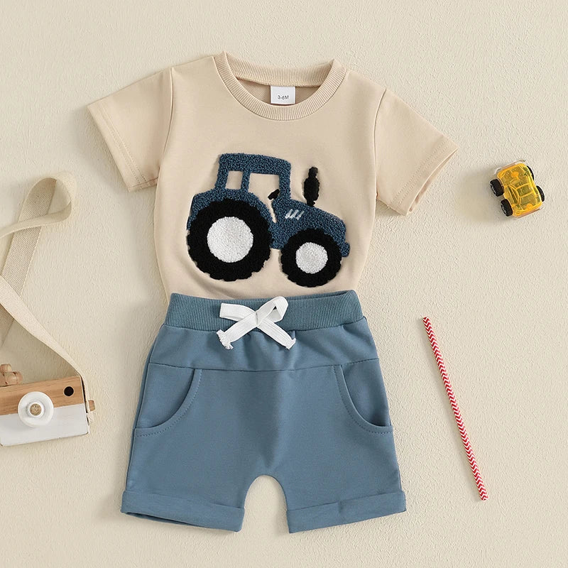 2024-11-21 Lioraitiin Toddler Boys Summer Outfit Truck Embroidered O-Neck Short Sleeve T-Shirts Elastic Waist Shorts Clothes Set